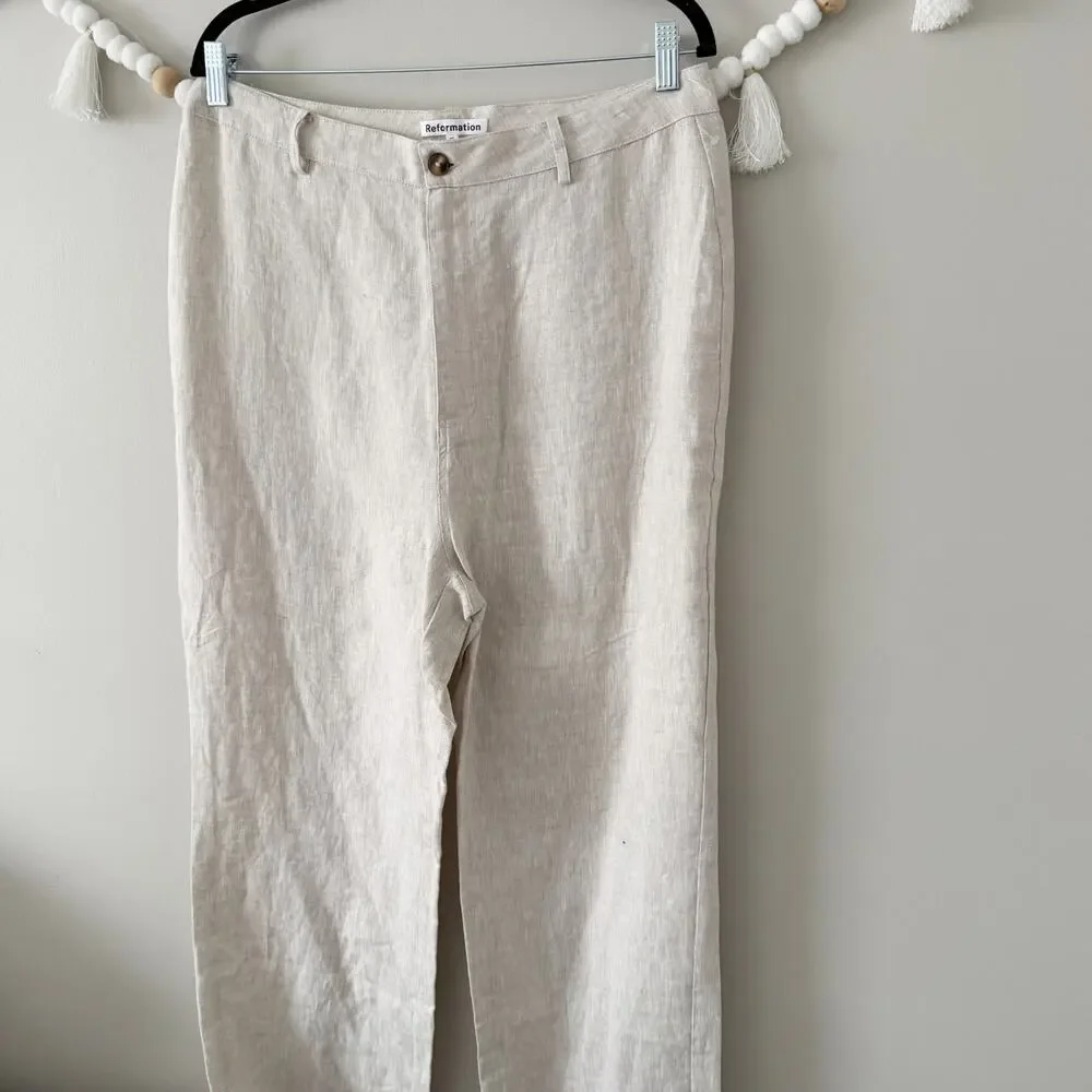 Reformation Linen Pants Beige High Rise Straight Leg Trousers Size 12